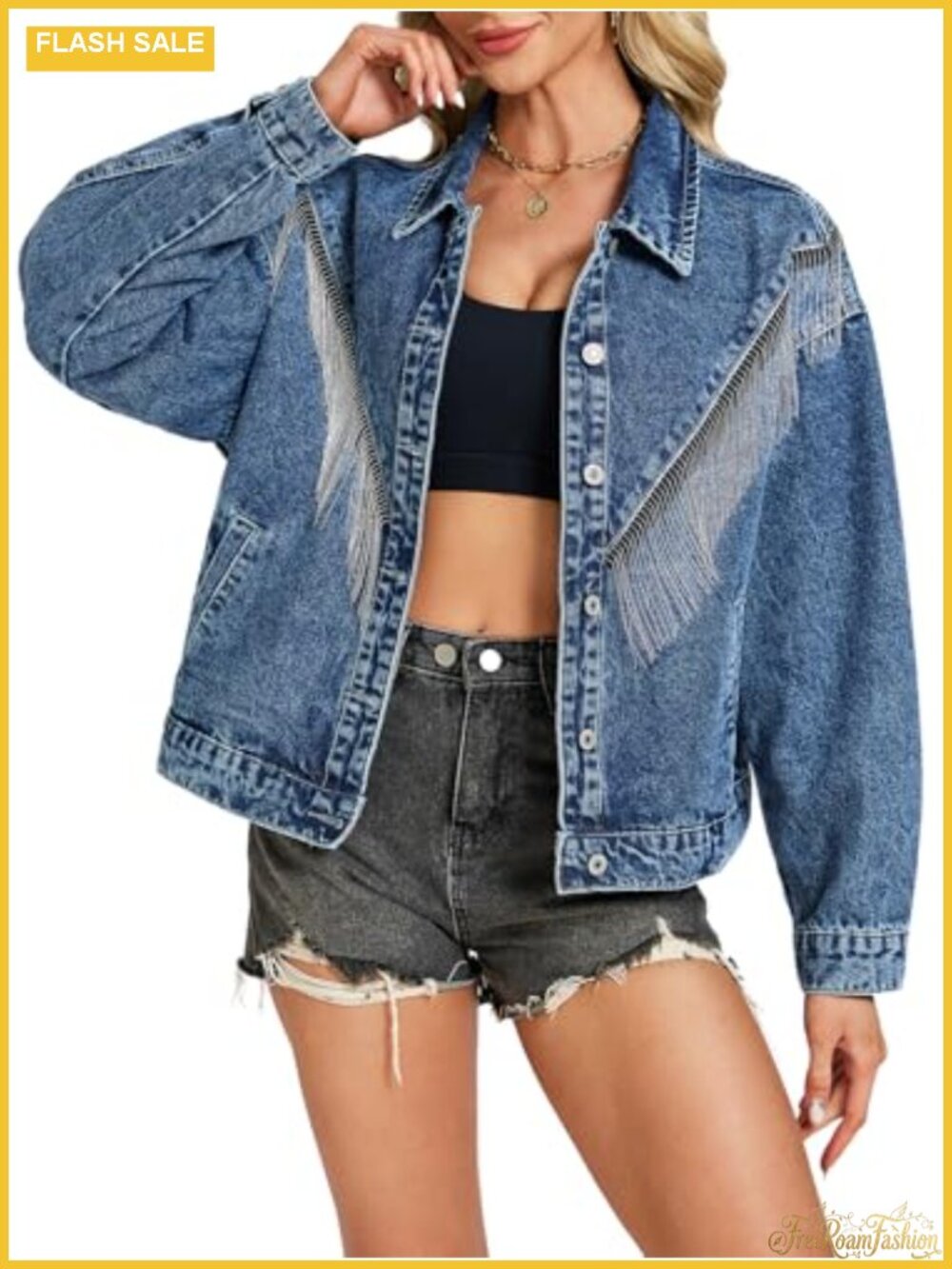 Rhinestone Fringe Denim Jacket Oversized Sparkly Jean Jacket Women's